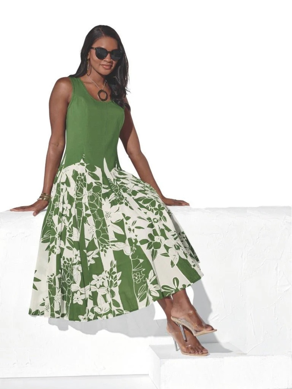Mixed Media Midi Dress, Solid Knit Top/Woven Floral Bottom - Picture 11 of 13